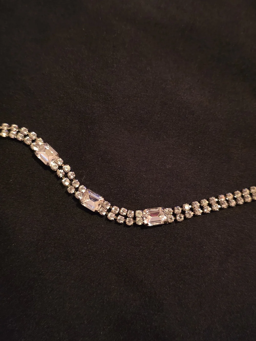 Vintage Mid-Century Double Row Rhinestone Bracelet with Emerald Cut Accents